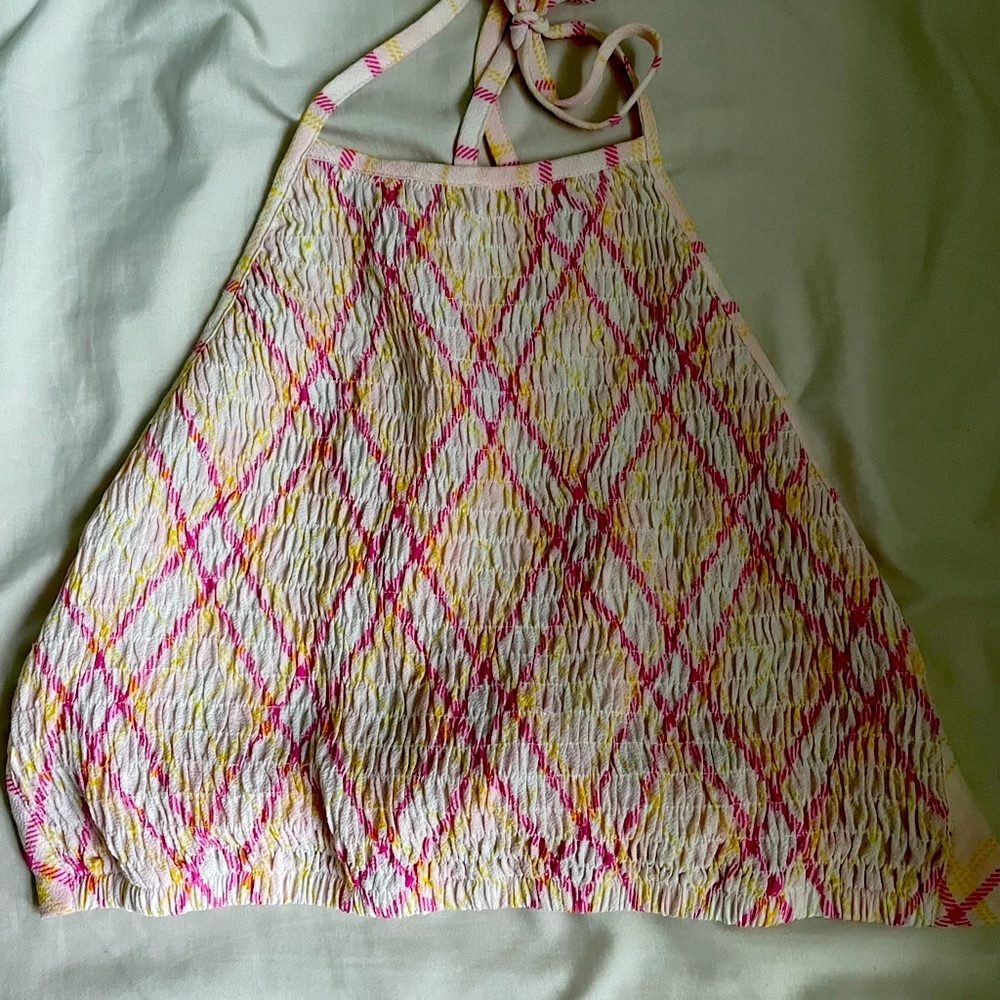 pink yellow and white crop top